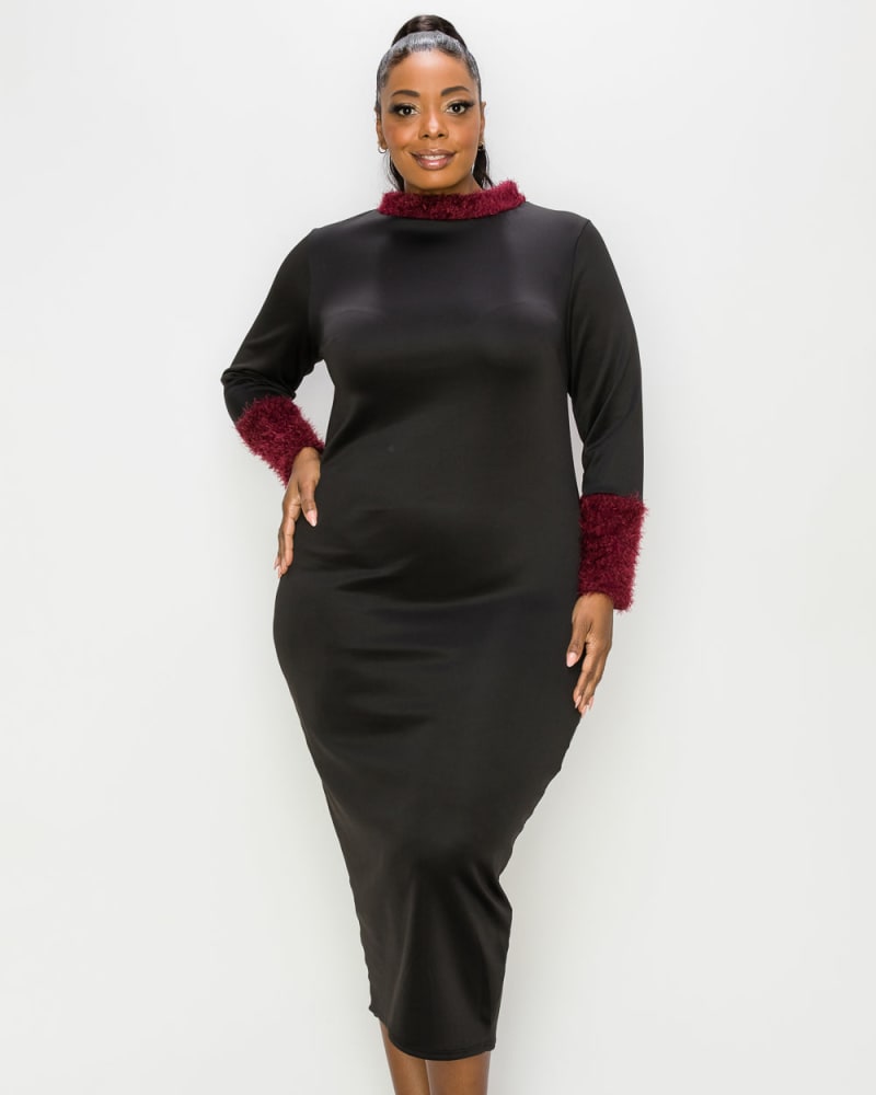 Front of a model wearing a size 1X Kaia Feather Dress in Black/Burgundy by L I V D. | dia_product_style_image_id:241252